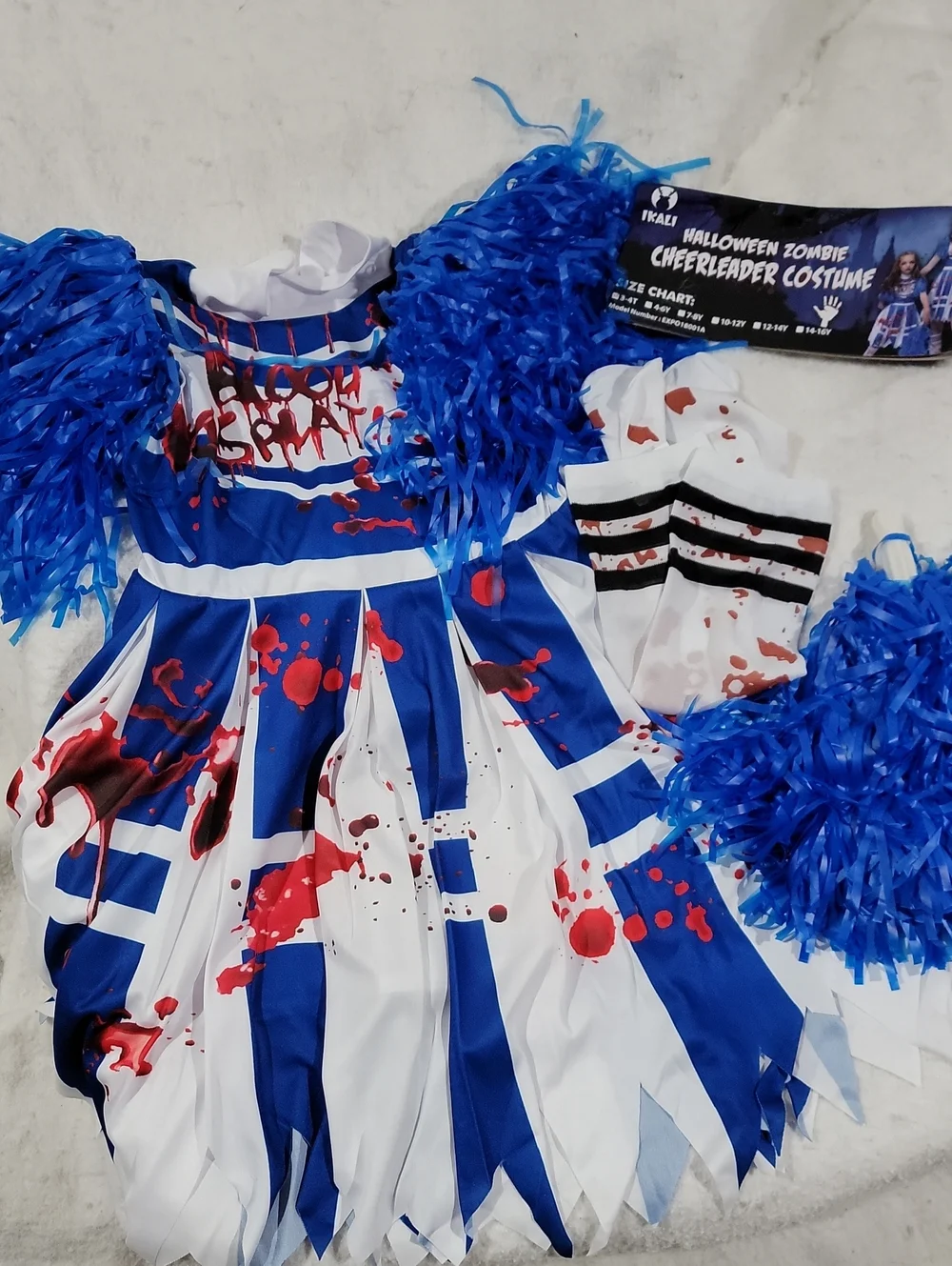 Ikali Blue, White and Red Girls Zombie Cheerleader Costume with Pom-Poms 3t/4t